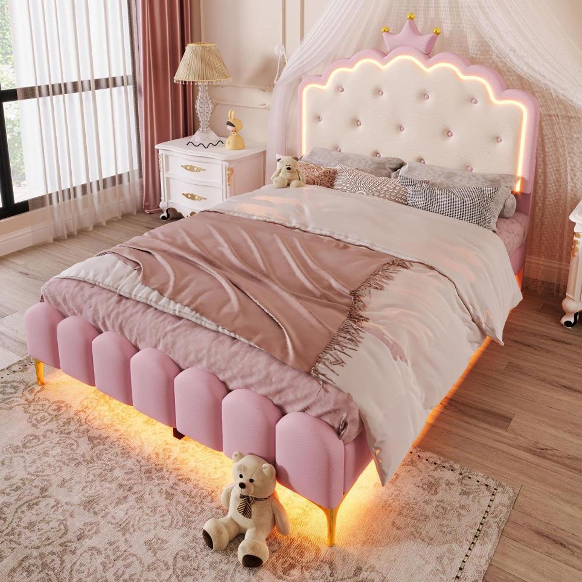 KOMHTOM BLACKCOLORS Gestoffeerd bed 140x200 cm met sfeerverlichting met afstandsbediening in de vorm van een kroonprinses PU Roze