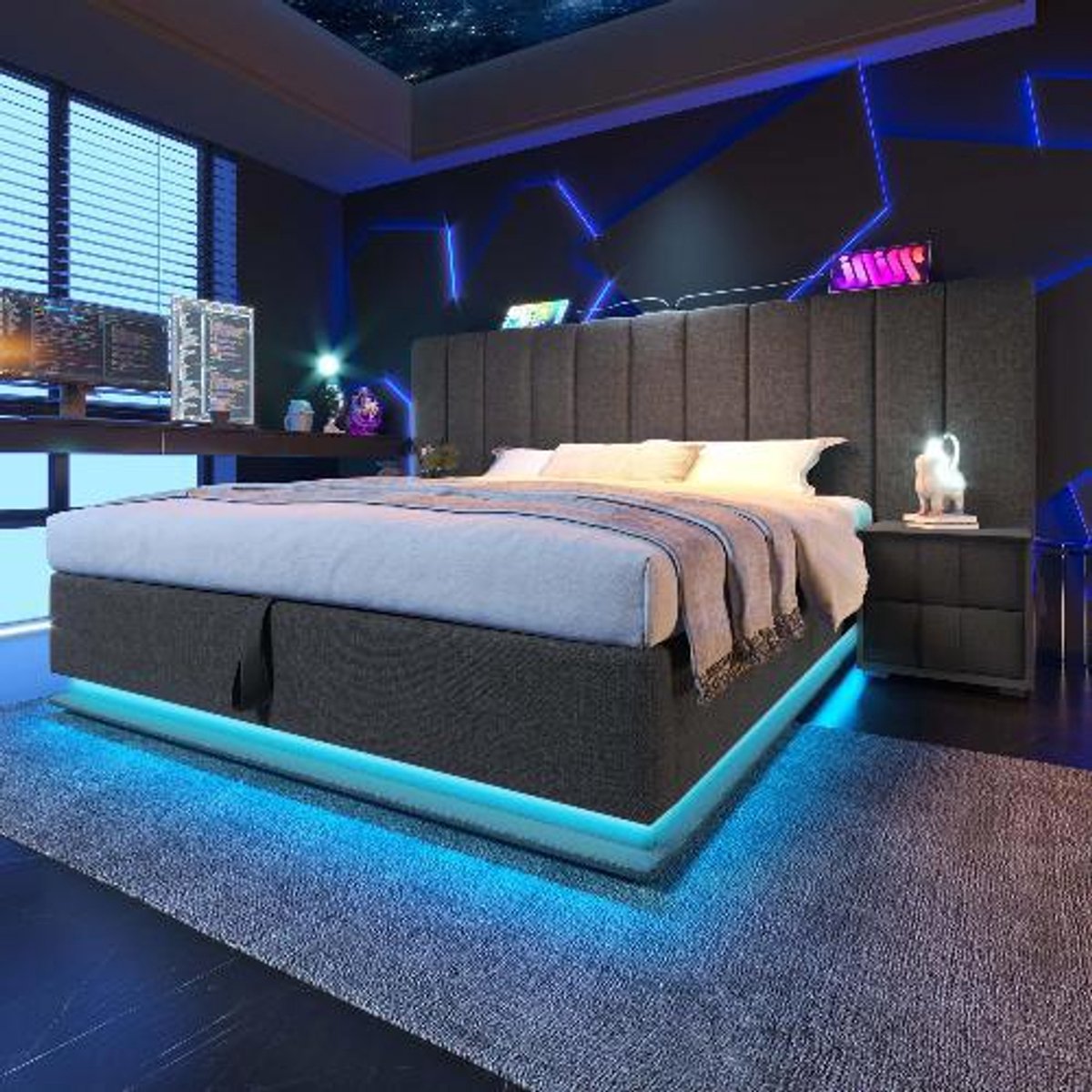 BLACKCOLORS Bed 180×200 cm opbergbed Gestoffeerd tweepersoonsbed met opbergruimte App Control LED en USB-C Bedframe Linnen Grijs