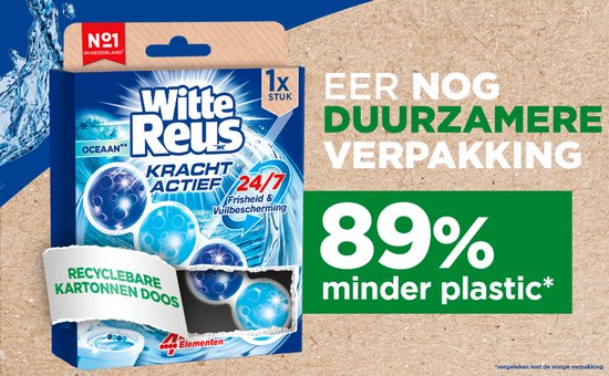 Witte Reus Kracht Actief Oceaan verpakking met recyclebare kartonnen doos, 89% minder plastic.