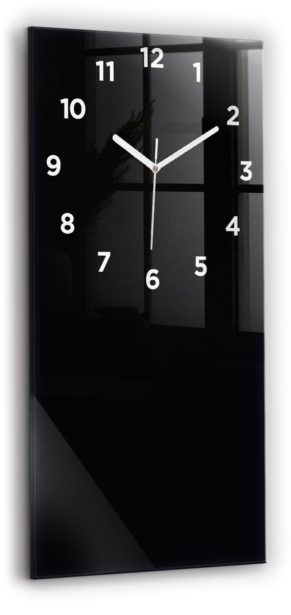 Wallfluent Wandklok - Zwart Rechthoekige Glas Klok - 30 cm x 60 cm - Zwart Wandklok - Witte Handen - Wandklok Met Cijfers - Stille Wandklok Slaapkamer - Rechthoekige Glazen Wandklok - Scandinavisch Wandklok - Glazen Klok Rechthoekige