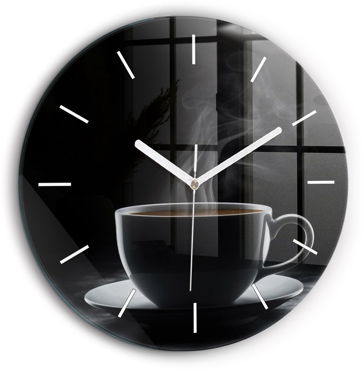 Wallfluent Wandklok - Een kopje zwarte koffie Unieke Wandklok - 60 cm x 60 cm - Zwart Wandklok - Witte Handen - Wandklok Zonder Cijfers - Stille Wandklok Slaapkamer - Ronde Glazen Klok - Scandinavisch Wandklok - Klok als Muurdecoratie