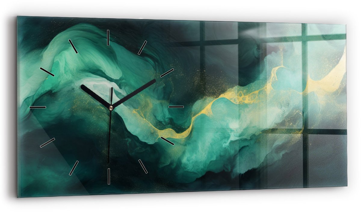 Wallfluent Wandklok - Groen marmer Stijlvolle Klok - 60 cm x 30 cm - Groente Wandklok - Zwarte Handen - Wandklok Zonder Cijfers - Wandklok voor in de Keuken - Rechthoekige Glas Klok - Scandinavisch Wandklok - Klok met Print