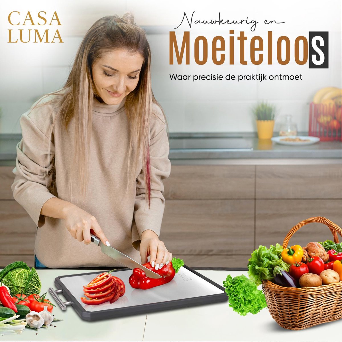 CASA LUMA Snijplank-RVS Titanium – Dubbelzijdig – Vaatwasser bestendig – Hygiënisch – Antislip – BPA-vrij- Antibacterieel – Duurzaam – Professionele Keukenplank voor Vlees, Vis, Groente & Brood — afbeelding 5
