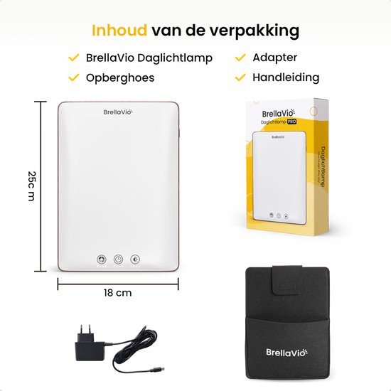 Inhoud verpakking: 25x18cm daglichtlamp, bruine rand, hoes, adapter en handleiding.