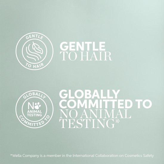 Twee cirkelvormige iconen: Eén met een blad dat 'Gentle to Hair' aangeeft, de ander met 'N' dat 'Globally Committed to No Animal Testing' aangeeft.