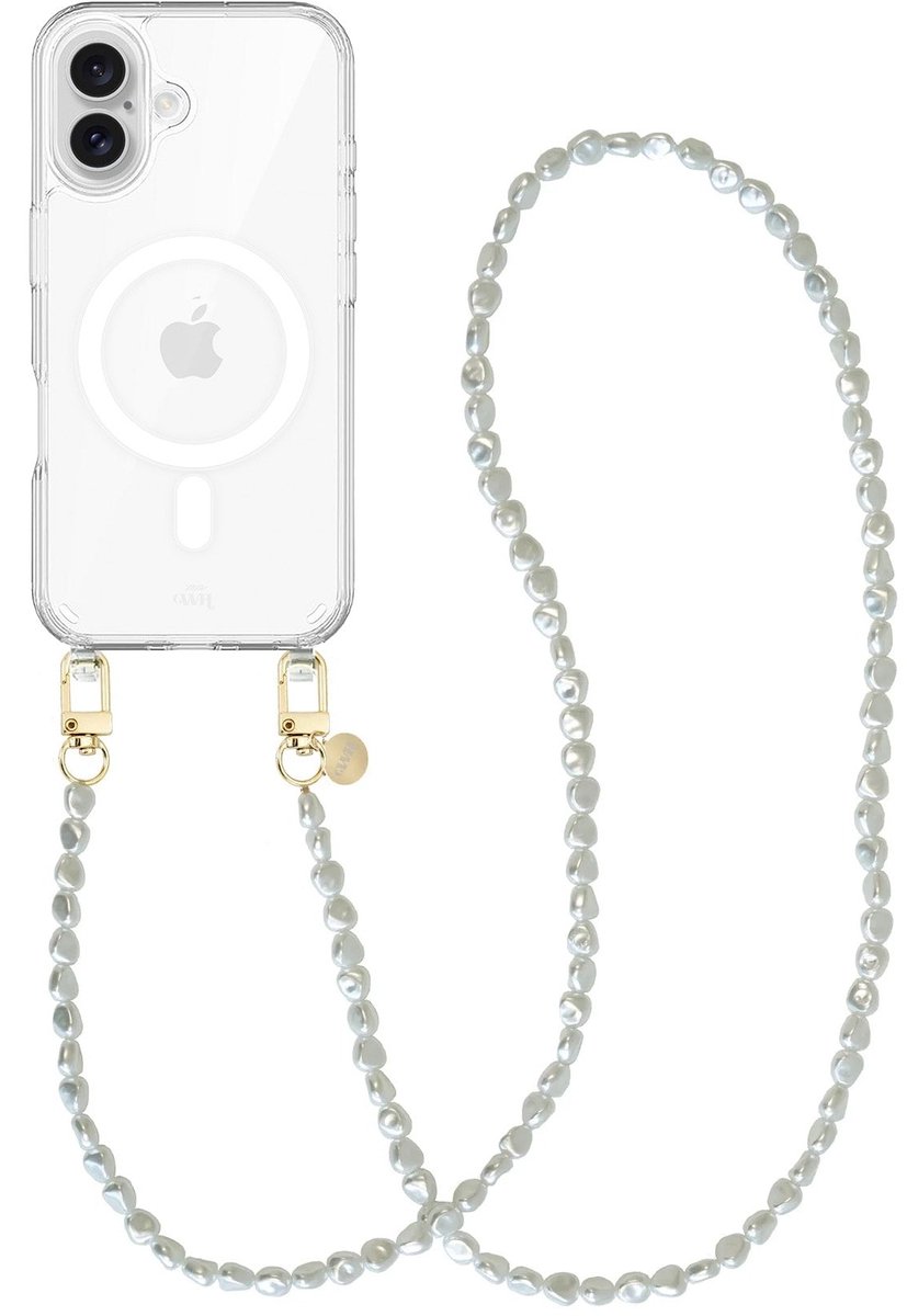 xoxo Wildhearts magnetisch hoesje geschikt voor iPhone 16 MagSafe - Pearlfection - Transparant telefoonhoesje met koord - Telefoonkoord met parels - Parelketting - Lang koord