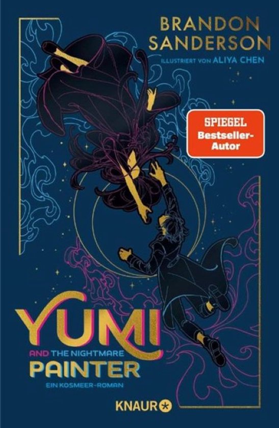 Boekomslag met twee figuren die naar elkaar reiken, met de titel 'Yumi and the Nightmare Painter' in grote letters.