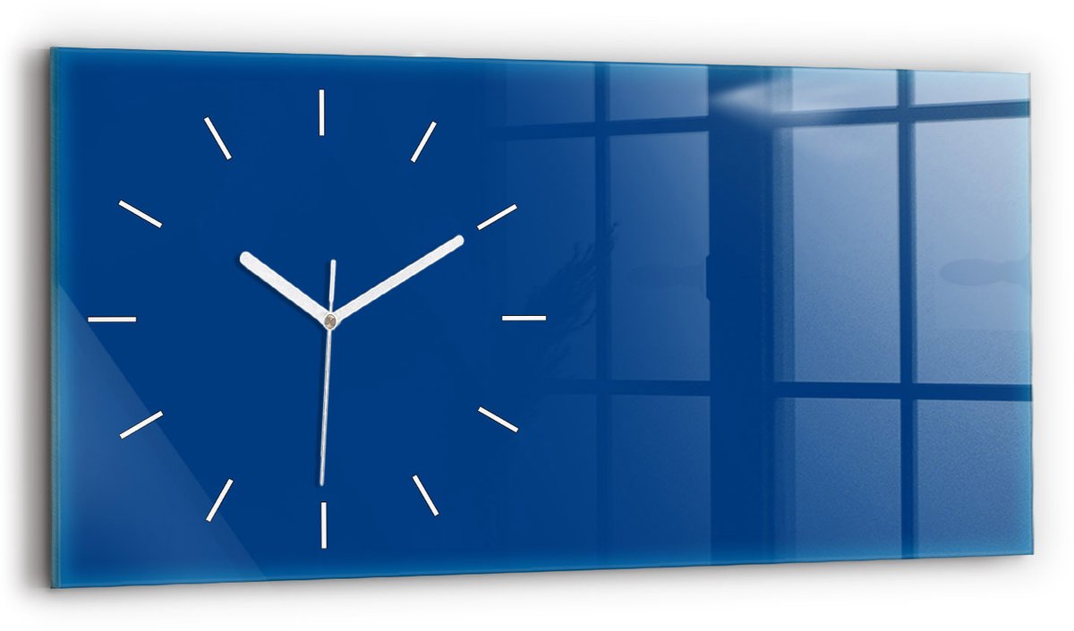 Wallfluent Wandklok - Blauw Rechthoekige Glazen Wandklok - 60 cm x 30 cm - Blauw Wandklok - Witte Handen - Wandklok Zonder Cijfers - Wandklok Glas Woonkamer - Glazen Klok Rechthoekige - Minimalistisch Wandklok - Rechthoekige Glas Klok