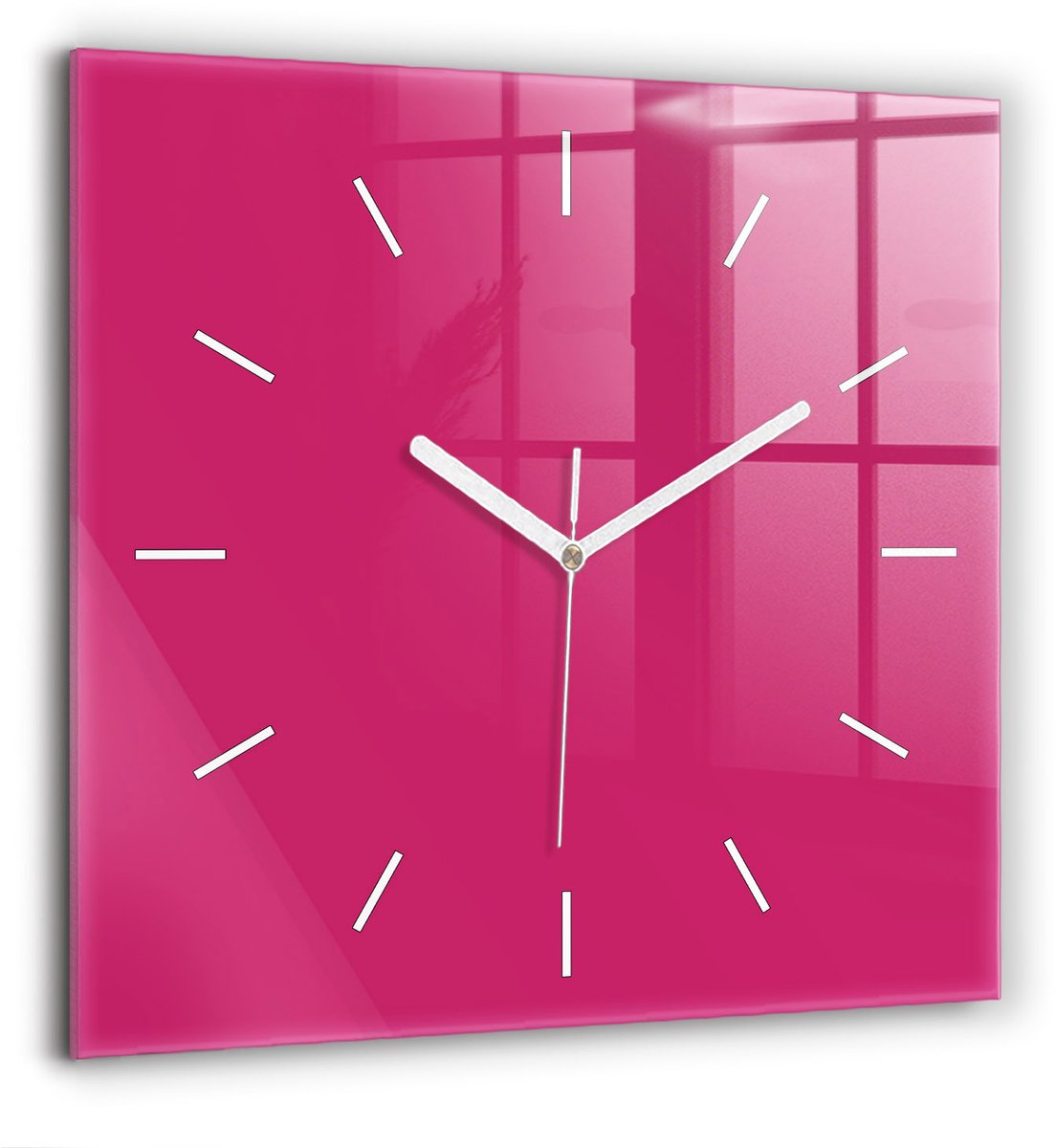 Wallfluent Wandklok - Roze Vierkante Glazen Wandklok - 60 cm x 60 cm - Roze Wandklok - Witte Handen - Wandklok Zonder Cijfers - Wandklok Glas Woonkamer - Vierkante Glas Klok - Scandinavisch Wandklok - Vierkante Glazen Klok