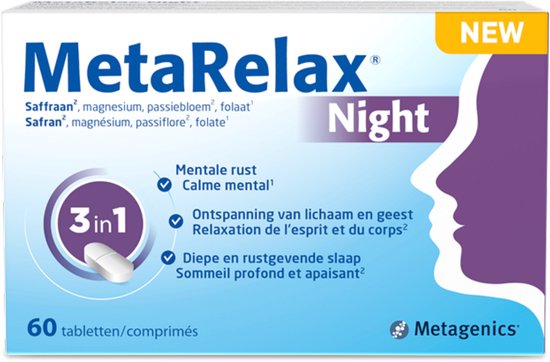 MetaRelax Night: 60 tabletten/comprimés. Mentale rust, ontspanning lichaam en geest, diepe slaap. Saffraan, magnesium, passiebloem.