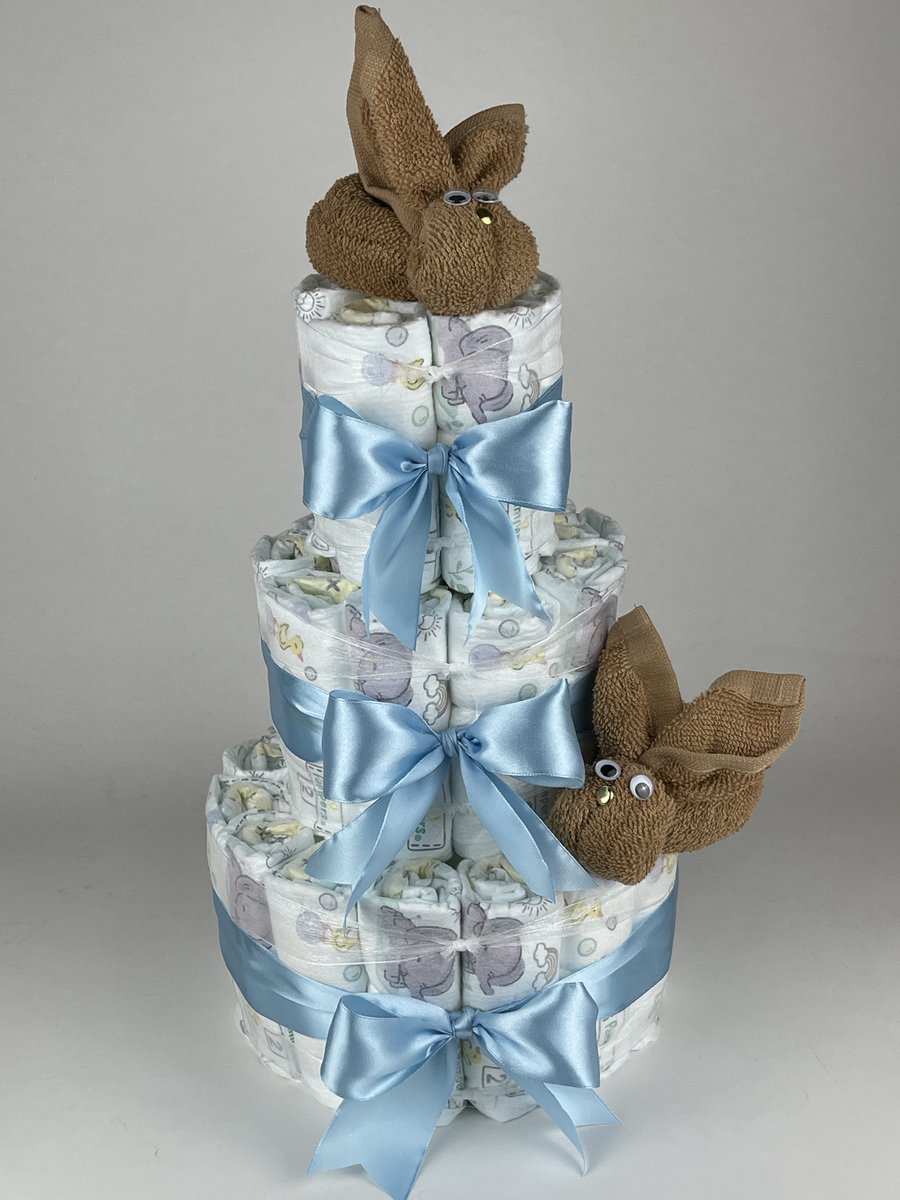 Chouette-Chouette | Luiertaart Jongen | Kraamcadeau | Geboorte Jongen | Babyshower | Konijnen Sand - Blauw