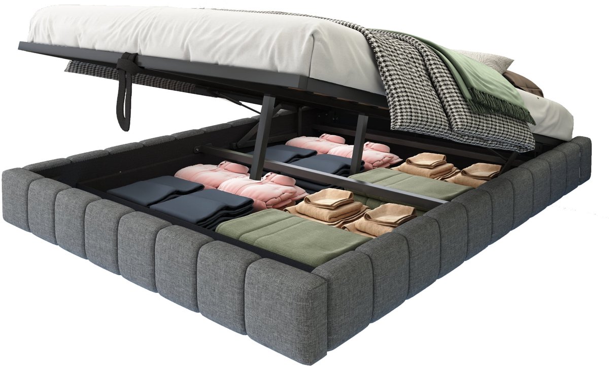 Merax Polsterbed 140x200 cm - Hydraulische Opbergruimte - LED-verlichting - Zwevend Design - Linnen Grijs - Zonder Hoofdbord