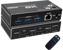 Delmark HDMI KVM Switch - USB-C - 8K - 2 PC naar 1 Monitor - USB 3.0 en RJ45 delen tussen 2 PC's - Met afstandsbediening