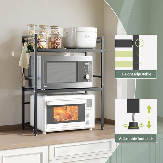 Magnetron Oven Rek, Keukenplank, Opbergorganizer Houder, Verstelbare grootte, Ruimtebesparende Dubbele Laag, Spice Oven Rack, Universele Kast (Zwart