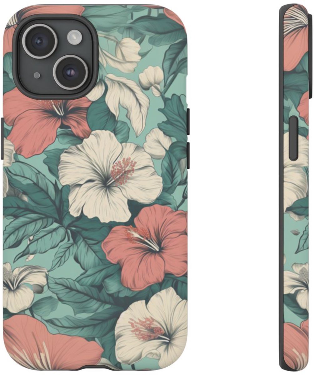Pastel Hibiscus Bloemenpatroon – Telefoonhoesje Geschikt voor iPhone 15