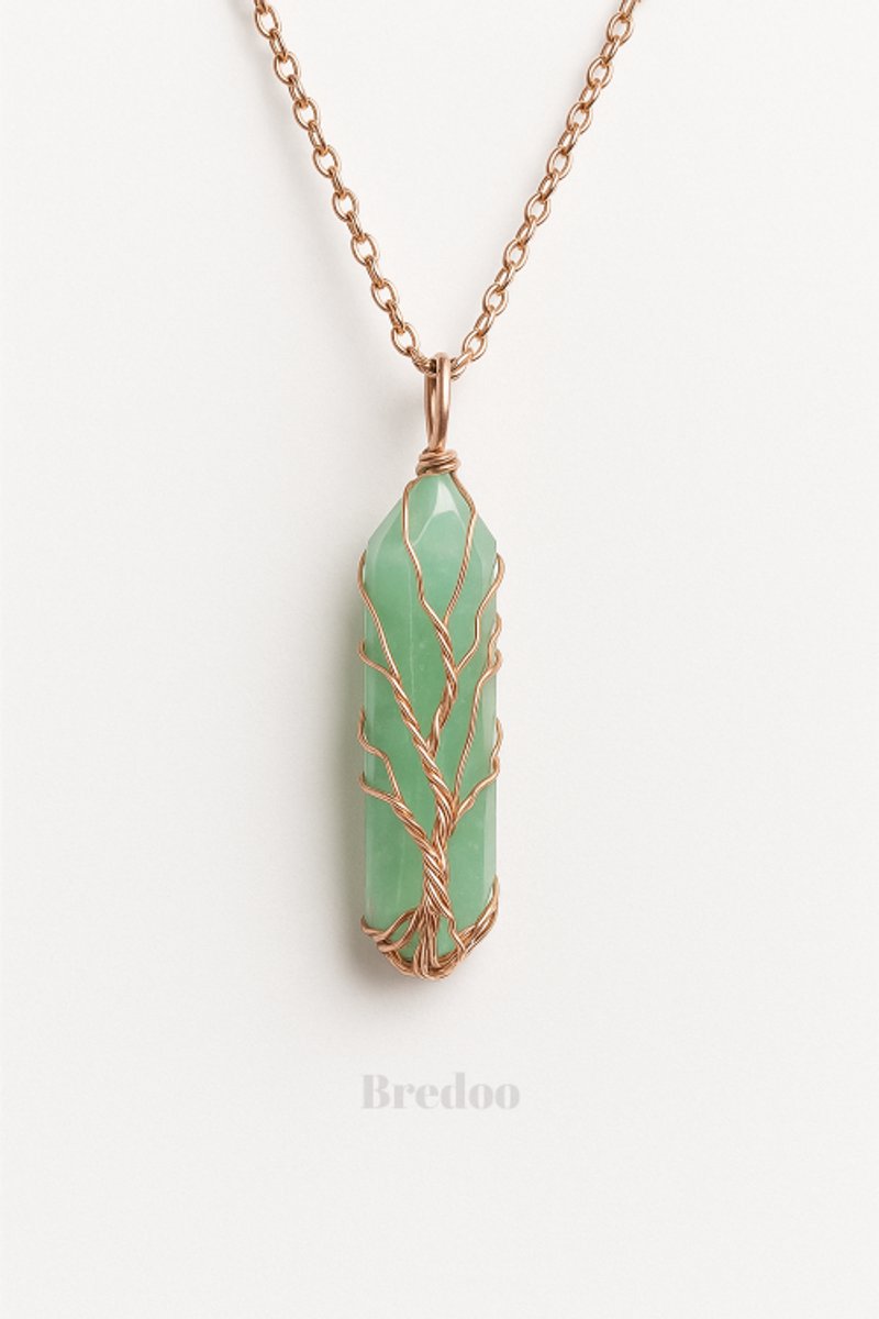 Aventurijn dames ketting - Bredoo Edelsteen hanger - Bohemian stijl - Kristal gewrapt in koper - Tree of life - Dubbeleinder vorm kristal - Edelstenen en mineralen