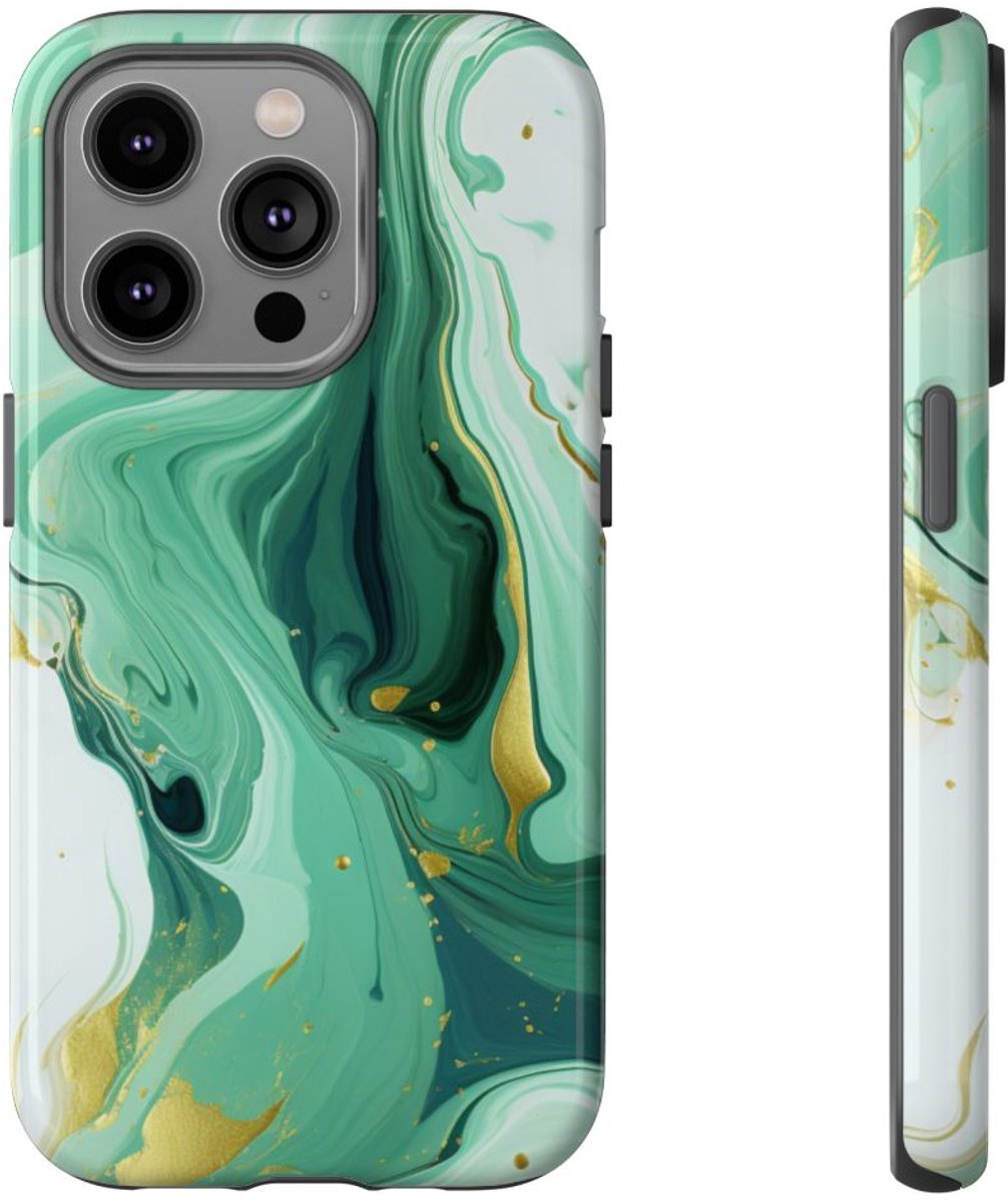 Groen-Gouden Marmerwerveling – Telefoonhoesje Geschikt voor iPhone 14 Pro