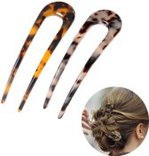 Fourchettes à cheveux tortue en U - Épingles à chignon - Pinces à imprimé léopard - Épingle à chignon classique - Épingles à cheveux en acétate - Épingles à chignon vintage pour femme - Épingle à cheveux tortue - Style français - 2 pièces