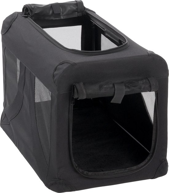 Zwarte opvouwbare transportbox voor honden, open aan de voorkant, met ventilatie aan de zijkanten.
