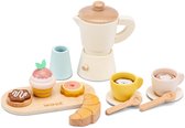 Woet® Houten Percolator Koffieset - 17-delige Set inclusief Kopjes, Seveerplank, Croissant, Muffin en Koekjes - FSC - Rollenspel Keukenspeelgoed - Winkeltje Spelen - Barista Speelgoed - Vanaf 3 Jaar