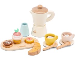Woet® Houten Percolator Koffieset - 17-delige Set inclusief Kopjes, Seveerplank, Croissant, Muffin en Koekjes - FSC - Rollenspel Keukenspeelgoed - Winkeltje Spelen - Barista Speelgoed - Vanaf 3 Jaar
