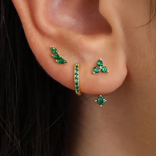Groen Bloem Modulaire Oorbellen Set met Zirkonia Stenen - 18K Verguld Dames Oorbellen - 925 Sterling Zilver - Dames Sieraden