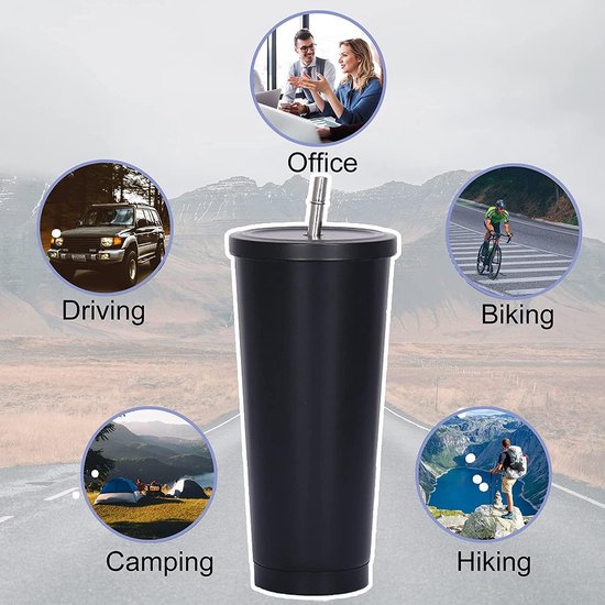 Zwarte thermobeker met rietje, getoond voor activiteiten zoals autorijden, fietsen, kamperen en wandelen, en op kantoor.