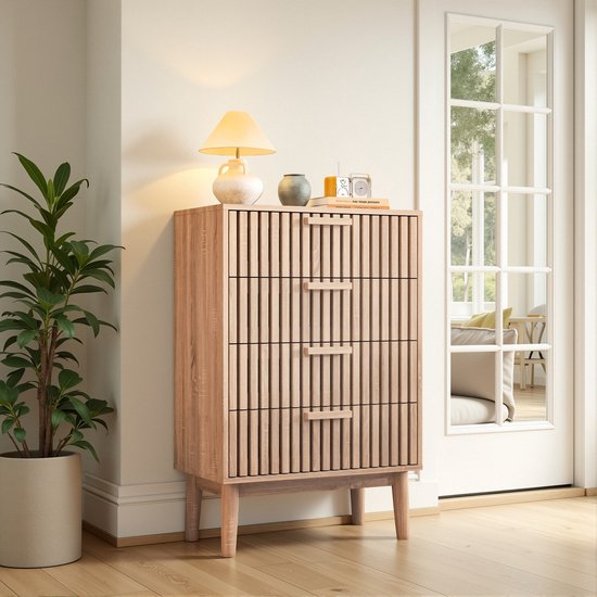 Commode en bois - 60 x 34 x 91 cm - 4 tiroirs - Pieds en bois Massief - Aspect chêne - Design nervuré - Pour chambre ou salon