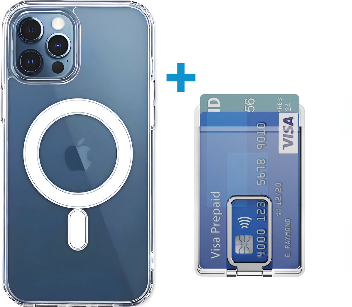 VOWLUX transparant hoesje en losse wallet pasjeshouder geschikt voor iPhone 12 Pro – MagSafe compatible met 32 magneten – pasjeshouder voor 2 pasjes – zilveren kleur – telefoonstandaard hoes case