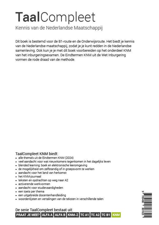 Achterkant van TaalCompleet KNM, met tekst over de inhoud en de serie.