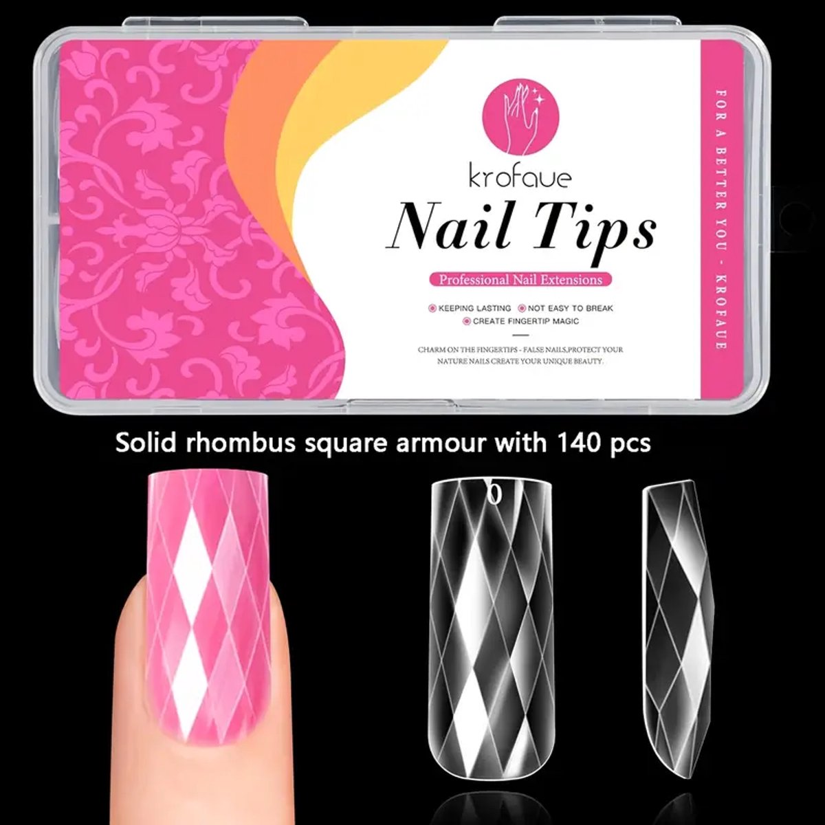 Press On Nails - plaknagels - Square Diamond Nails – Voor een Glanzende, Geometrische Glam Look - 140 stuks