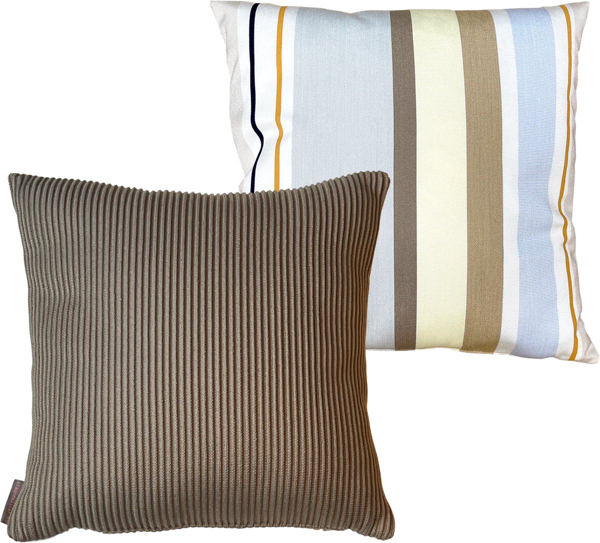 Kleurmeester.nl | buiten - binnen kussen Trianon Rib - outdoor stof - Duurzame Kwaliteit - Met Rits | 40 x 40 cm | geel taupe Gestreept