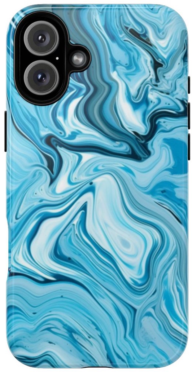 Blauw-Witte Marmeren Swirl Abstract – Telefoonhoesje Geschikt voor iPhone 16 Plus