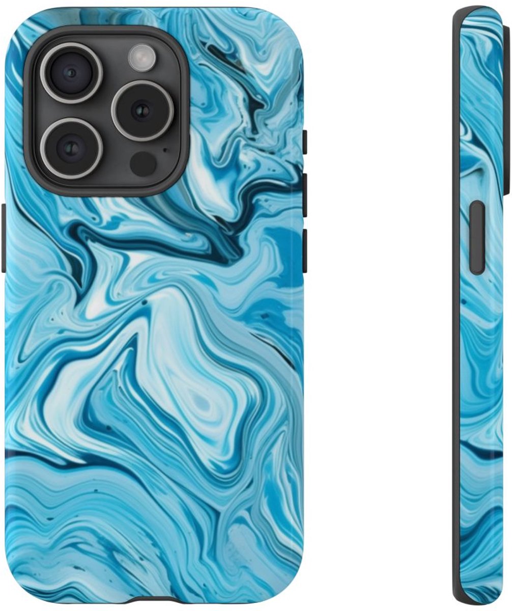 Blauw-Witte Marmeren Swirl Abstract – Telefoonhoesje Geschikt voor iPhone 15 Pro