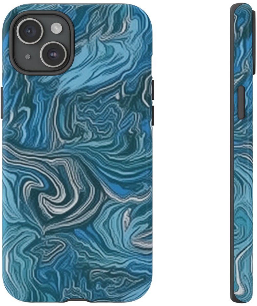 Blauw Suminagashi Marmerpatroon – Telefoonhoesje Geschikt voor iPhone 15 Plus