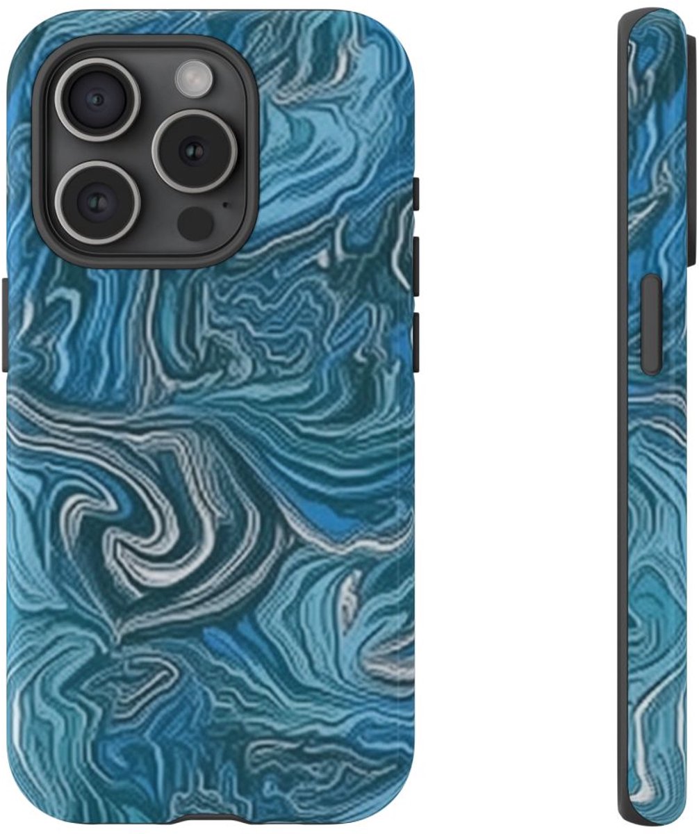 Blauw Suminagashi Marmerpatroon – Telefoonhoesje Geschikt voor iPhone 15 Pro