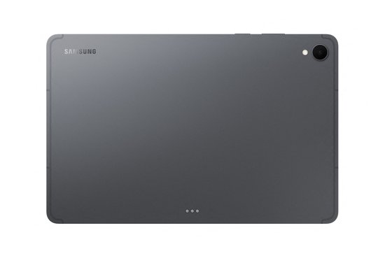Grijze Samsung Galaxy Tab S11 5G met camera, op witte achtergrond.