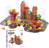 Magnetische tegels vormen een stadsgezicht met gebouwen, kranen, wegdelen en bouwfiguren, met een verpakking.