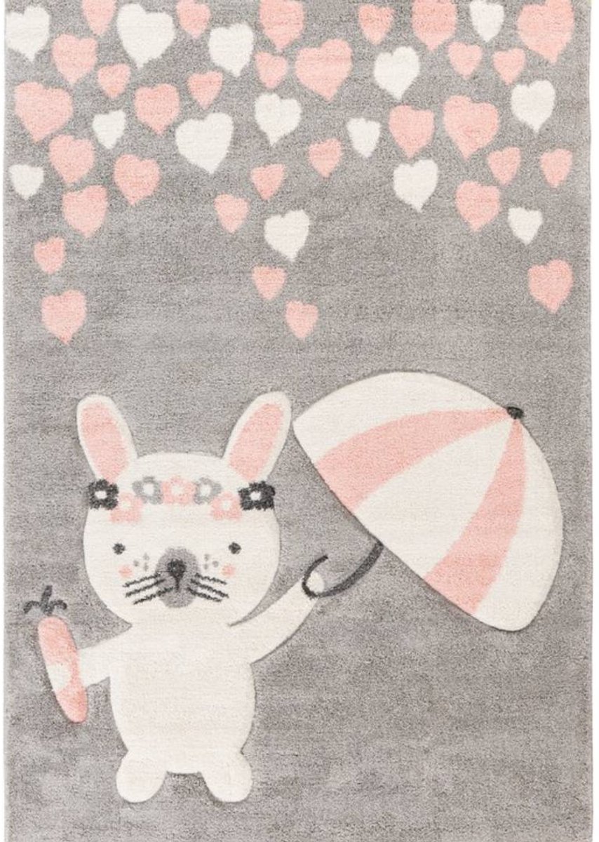 Floraya - Vloerkleed - Rabbit Umbrella - Grijs/Roze - 80x150cm - 15 mm dik - Laagpolig