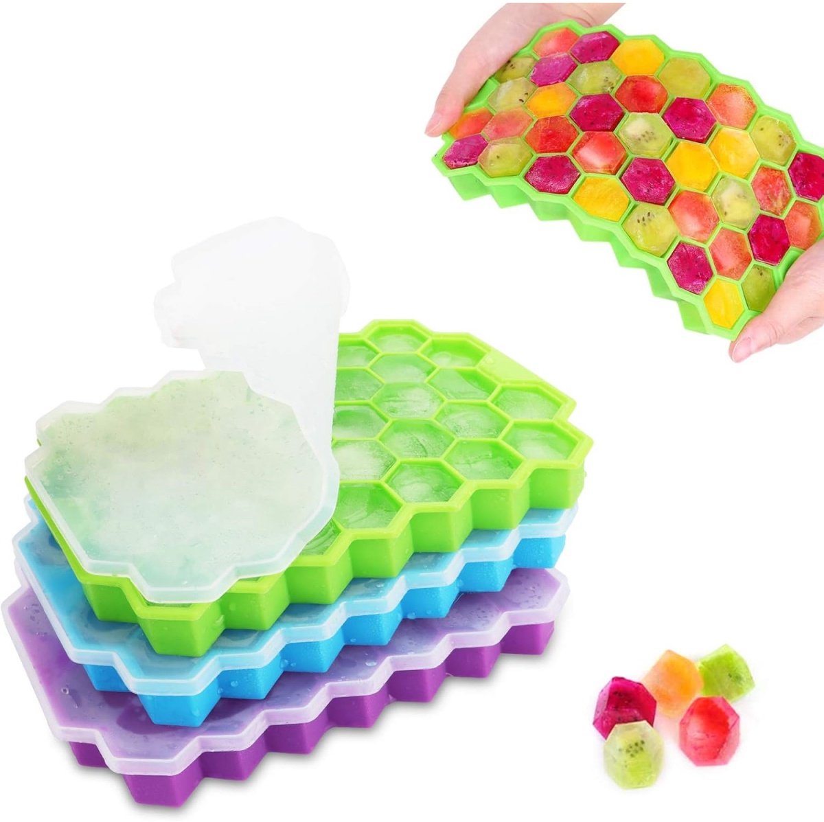 EXCITAT Siliconen ijsblokjesvormpjes - 37-holte ijsblokjesvormpjes met deksel - Stapelbare ijscontainers - IJsblokjesvormpjes - voor bier, cocktails, whisky - 3-pack