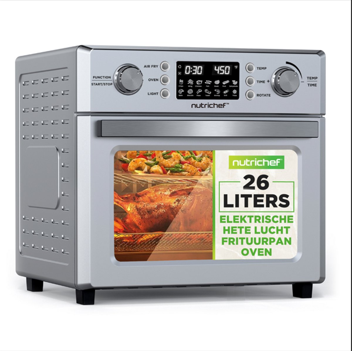 NutriChef Elektrische Airfryer Oven – 1700W – 360° Rotatiefunctie – 10 Digitale Voorinstellingen – Inclusief Lekbak, Airfryer Mand & Bakrek