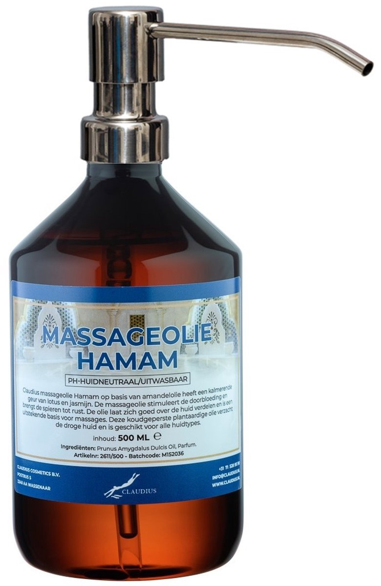 Massageolie Hamam 500 ml met zilveren pomp - 100% natuurlijk - biologisch en koud geperst