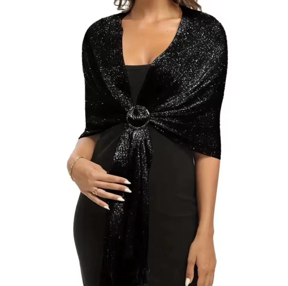 Lang glitter Sjaal Zwart - Elegante glanzend stola met gesp- Sjaal| Stola galajurk| Feestgelegenheden| Kerst en Nieuwjaar