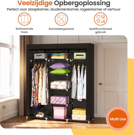Goliving Opvouwbare Kledingkast - Garderobekast - 175 x 150 x 45 cm - Kleerkast - Stoffen Vouwkast - Campingkast - Zwart