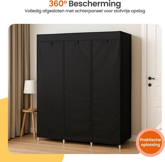 Goliving Opvouwbare Kledingkast - Garderobekast - 175 x 150 x 45 cm - Kleerkast - Stoffen Vouwkast - Campingkast - Zwart