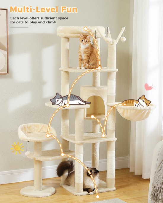 PETEPELA 150 cm cactus kattenboom, hoge kattenboom voor grote katten, kattentoren met meerdere niveaus, kattenappartement met grote hangmat, krabpaal en zitstokken
