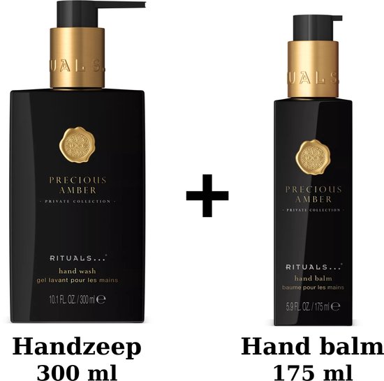Set van RITUALS: zwarte handzeep- en handbalmflessen met gouden dop en label.