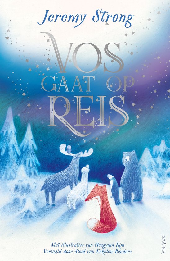 Boek "Vos gaat op reis" met illustraties van een vos, beer, rendier, pinguïn en schaap in een besneeuwd bos.
