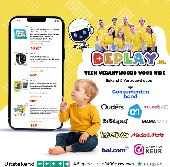 Baby wijst naar scherm van smartphone met DEPLAY kindertablet