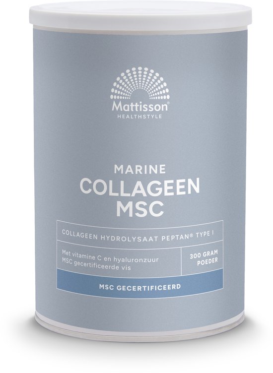 Mattisson Marine Collageen MSC in grijze pot met Peptan Type I, vitamine C en hyaluronzuur.